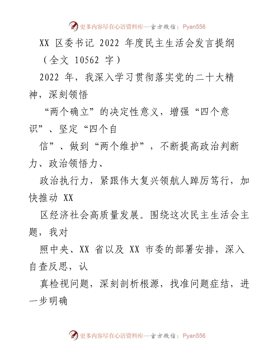 [发言] 区委书记年度民主生活会 - 2022年度民主生活会发言提纲：深入学习贯彻党的二十大精神，推动XX区高质量发展.docx_第1页