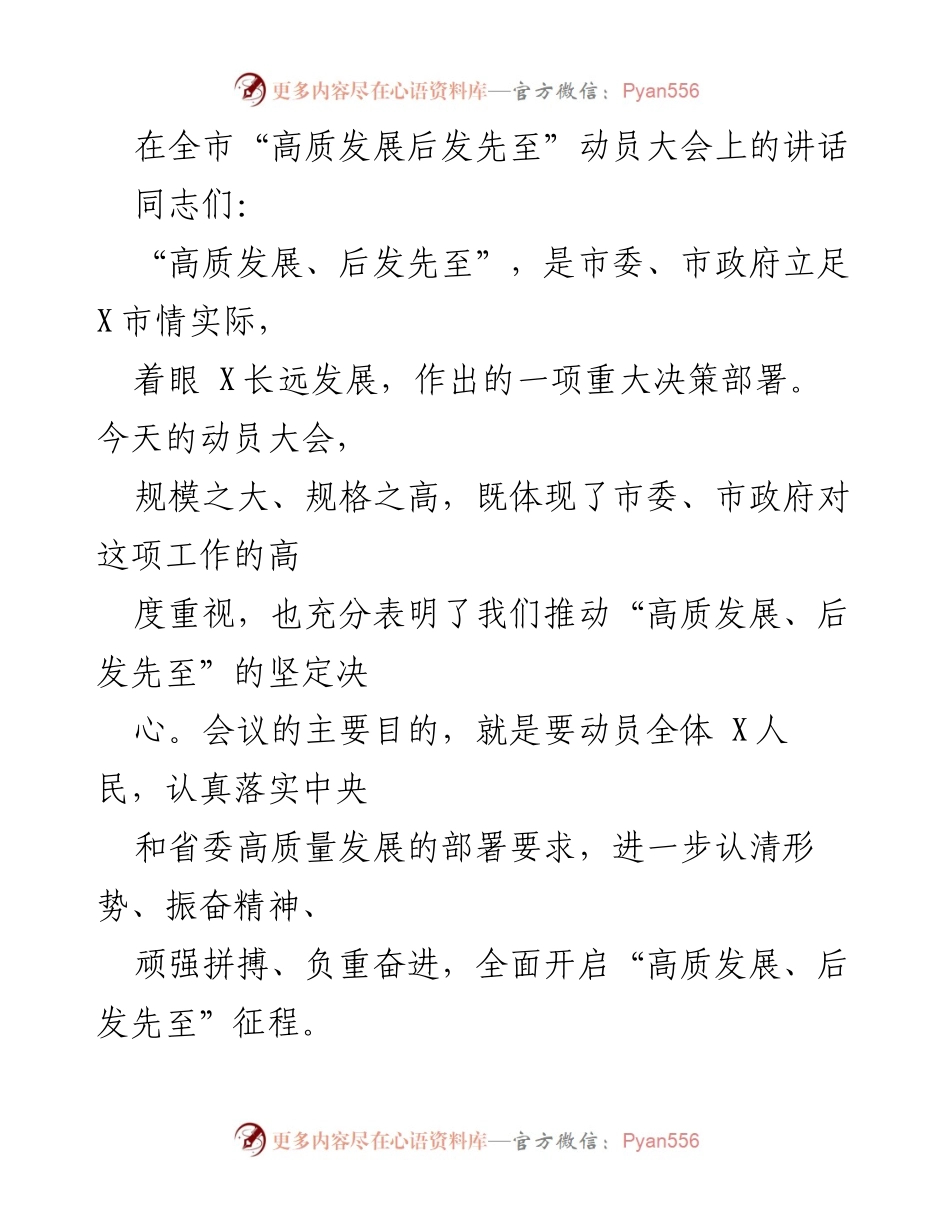 [发言] 动员大会 - 推动“高质发展、后发先至”的坚定决心与行动纲领.docx_第1页