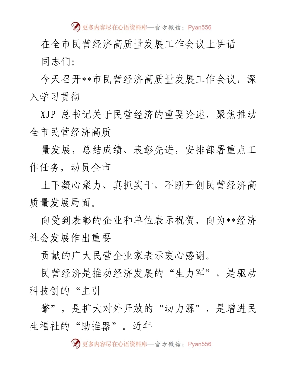 [发言] 全市民营经济高质量发展工作会议 - 推动民营经济高质量发展的重要举措与策略.docx_第1页