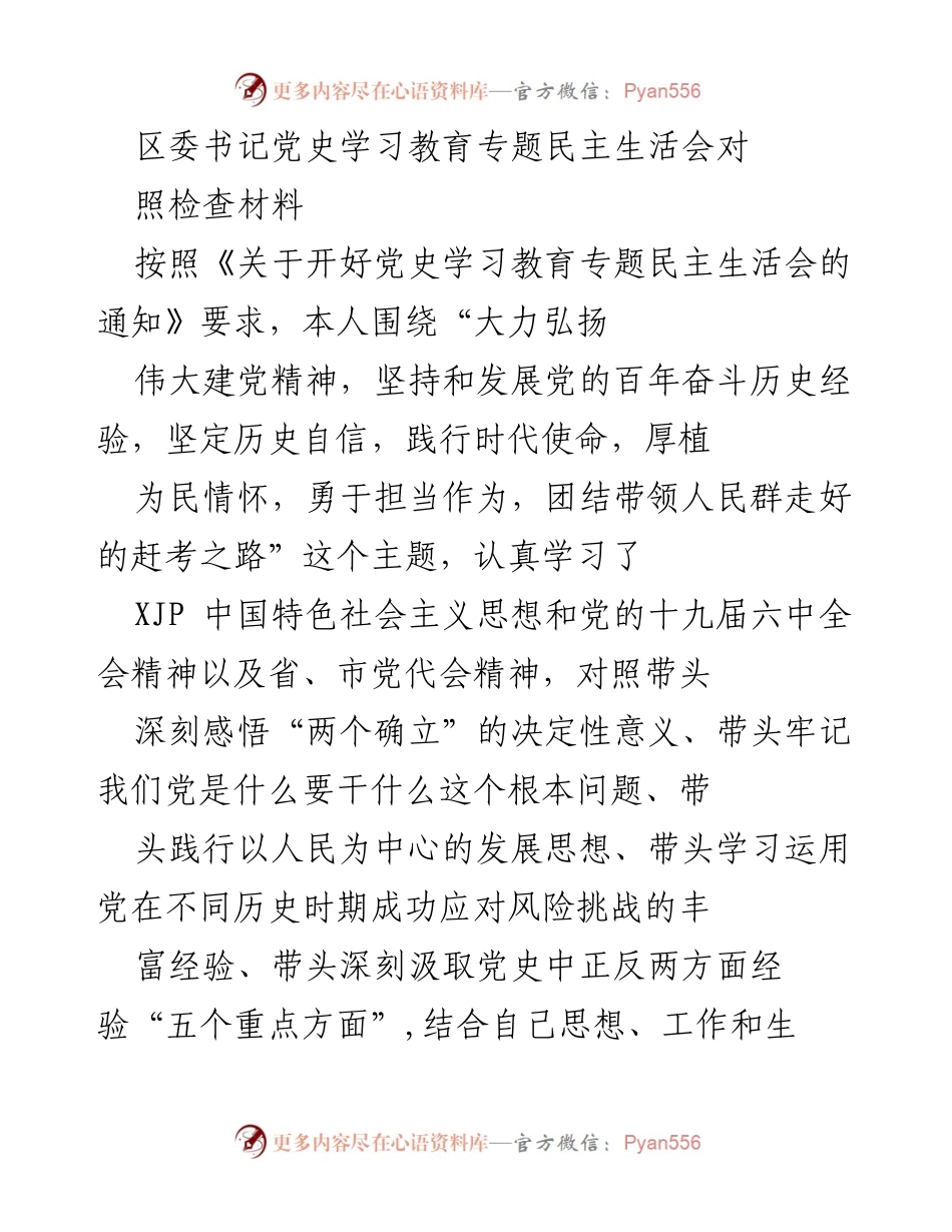 [发言] 区委书记党史学习教育专题民主生活会 - 深入反思与整改：坚定历史自信，践行时代使命.docx_第1页