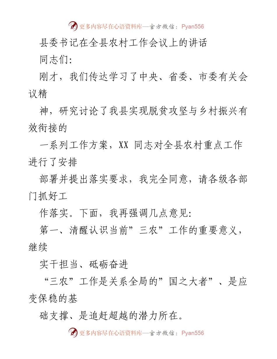 [发言] 农村工作会议 - 强调“三农”工作的重要性与落实措施.docx_第1页