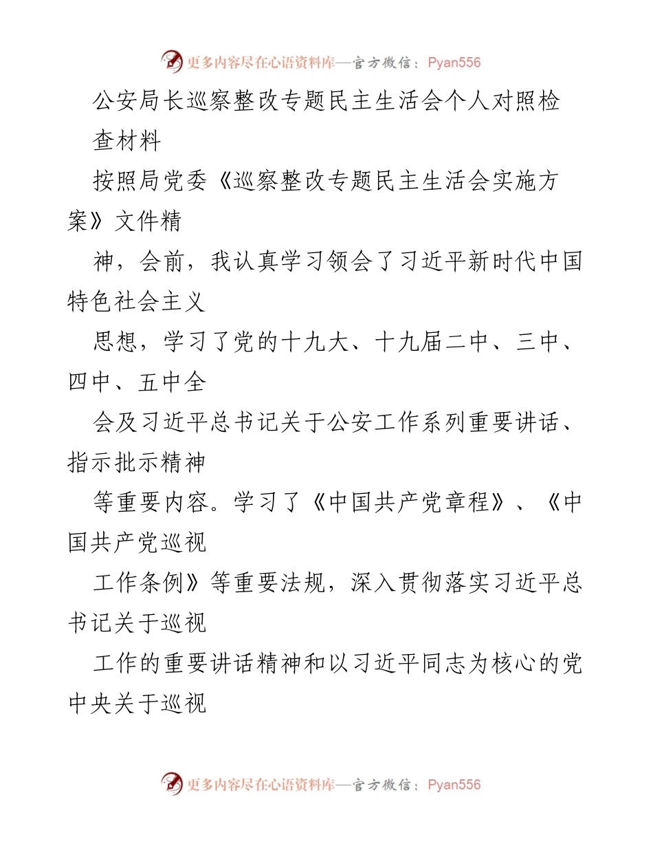 [发言] 公安局长巡察整改专题民主生活会 - 巡察整改中的个人对照检查与问题剖析.docx_第1页