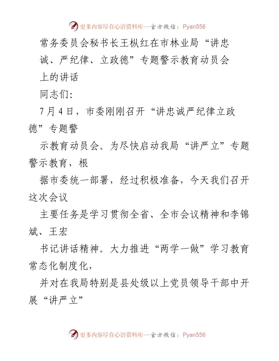[发言] 动员会 - 深入推进“讲忠诚、严纪律、立政德”专题警示教育的动员讲话.docx_第1页