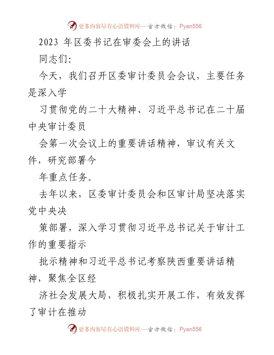 [发言] 区委审计委员会会议 - 深入贯彻党的二十大精神，推动审计工作高质量发展.docx_第1页