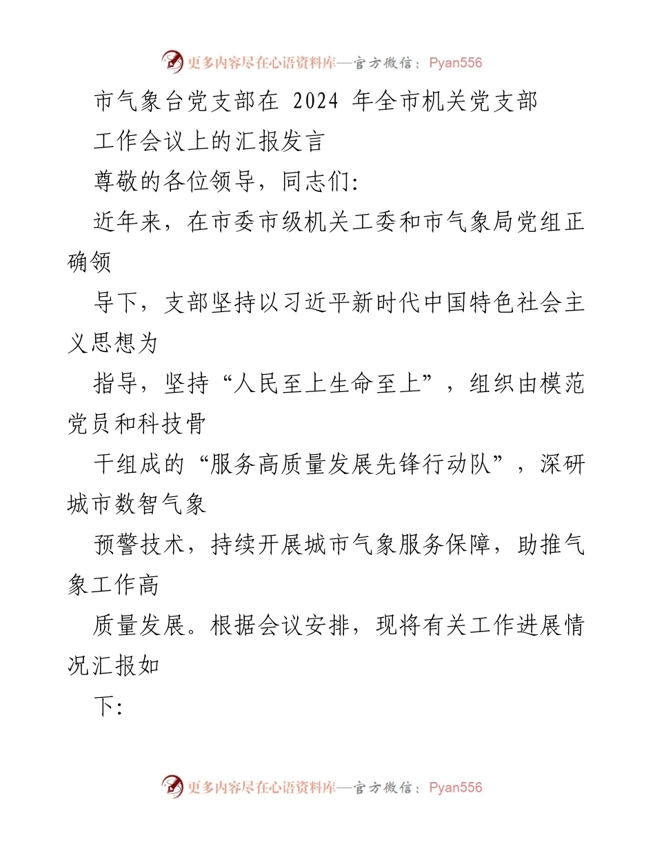 [发言] 全市机关党支部工作会议 - 市气象台党支部在党建引领下推动气象服务高质量发展汇报.docx_第1页