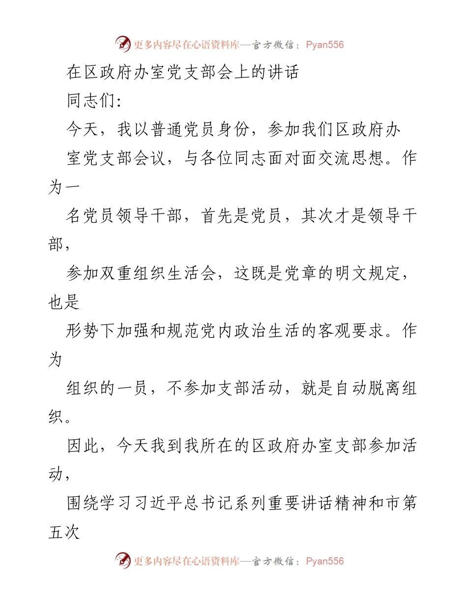 [发言] 区政府办公室党支部会议 - 强调政府办室工作的重要性与责任担当.docx_第1页