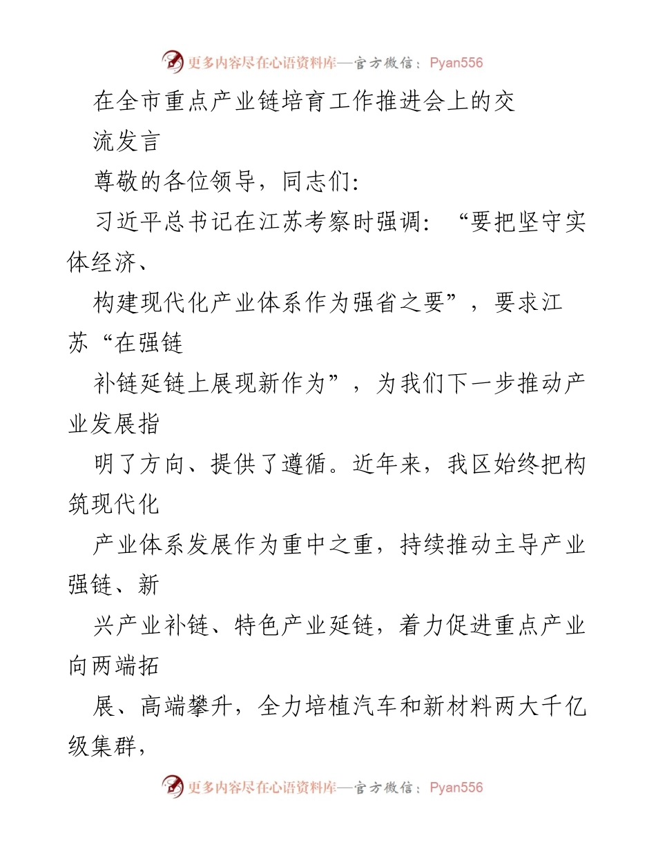 [发言] 全市重点产业链培育工作推进会 - 推动现代化产业体系构建的实践与展望.docx_第1页