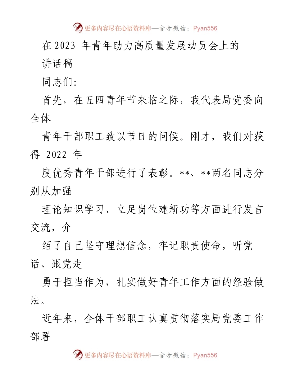 [发言] 动员会 - 青年助力高质量发展的使命与担当.docx_第1页