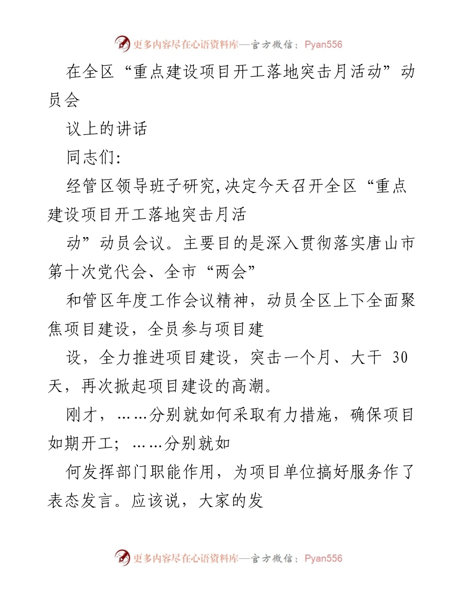 [发言] 动员会议 - 加快项目建设，抢抓发展机遇.docx_第1页