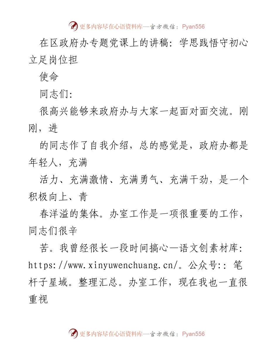 [发言] 区政府办专题党课 - 坚守初心、担当使命：政府办的政治建设与工作要求.docx_第1页