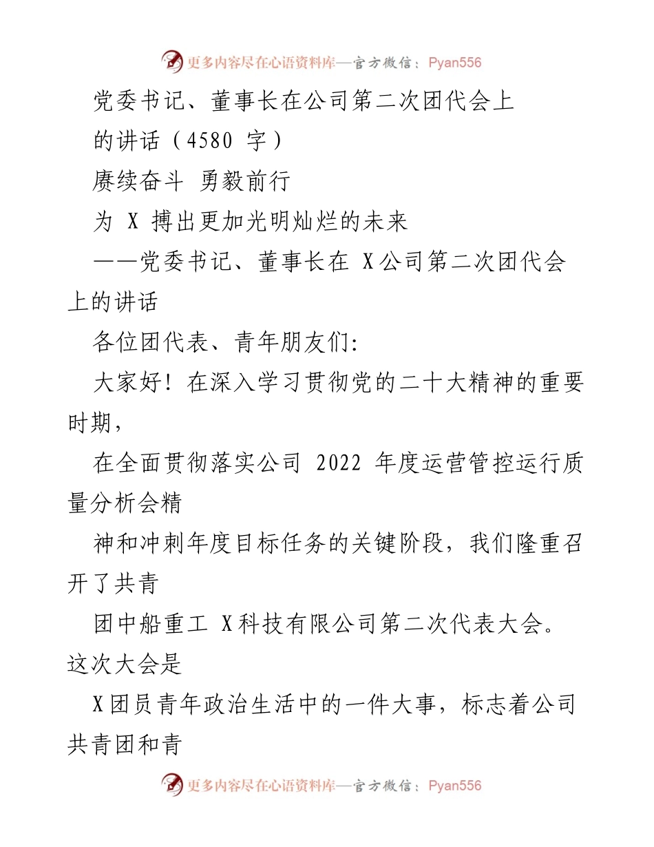 [发言] 公司第二次团代会 - 赓续奋斗 勇毅前行：党委书记、董事长在X公司第二次团代会上的讲话.docx_第1页