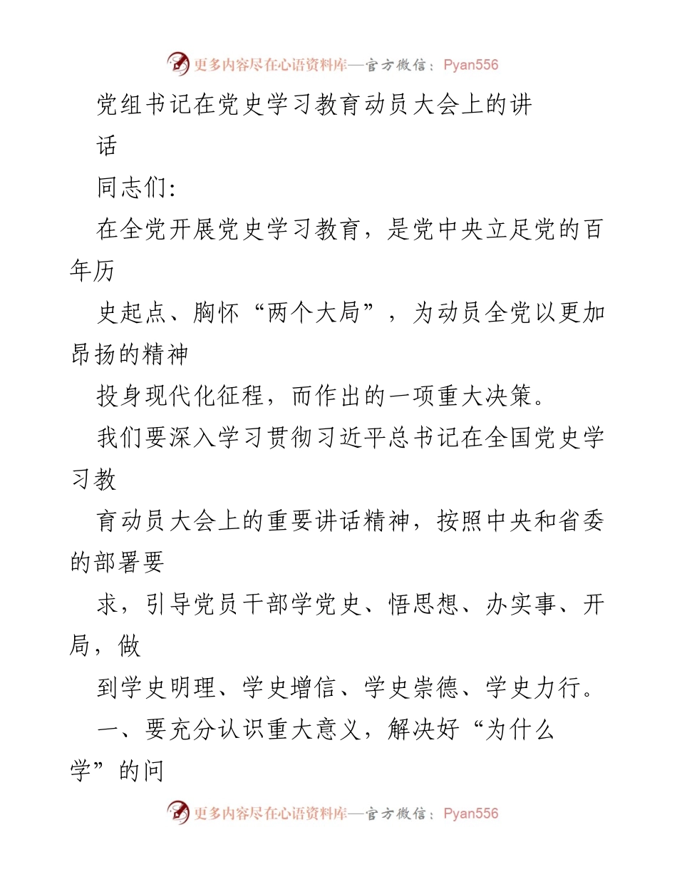 [发言] 动员大会 - 深入学习党史的重要性与任务.docx_第1页