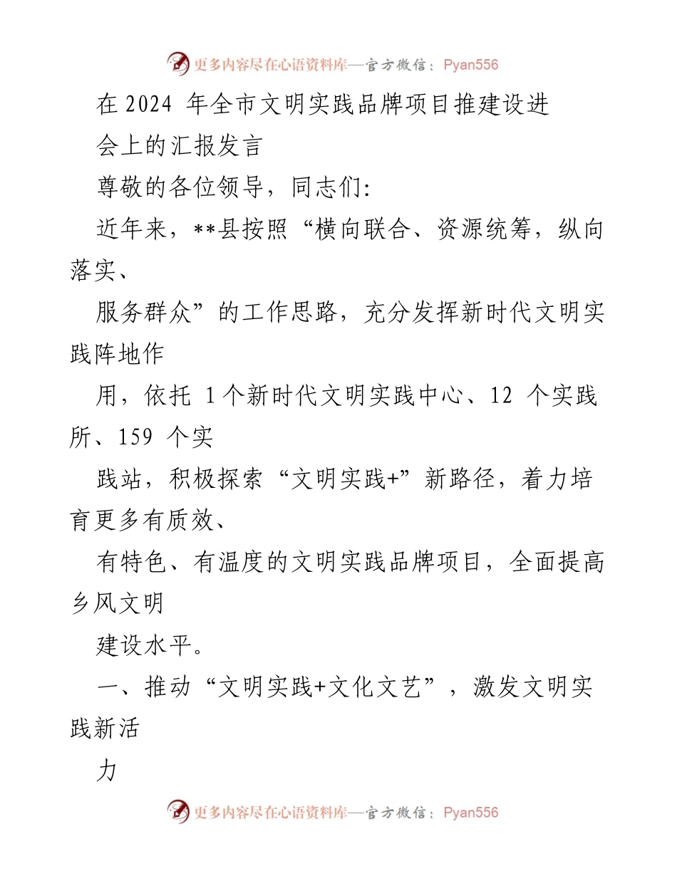 [发言] 全市文明实践品牌项目推进会 - 推动新时代文明实践，提升乡风文明建设水平.docx_第1页