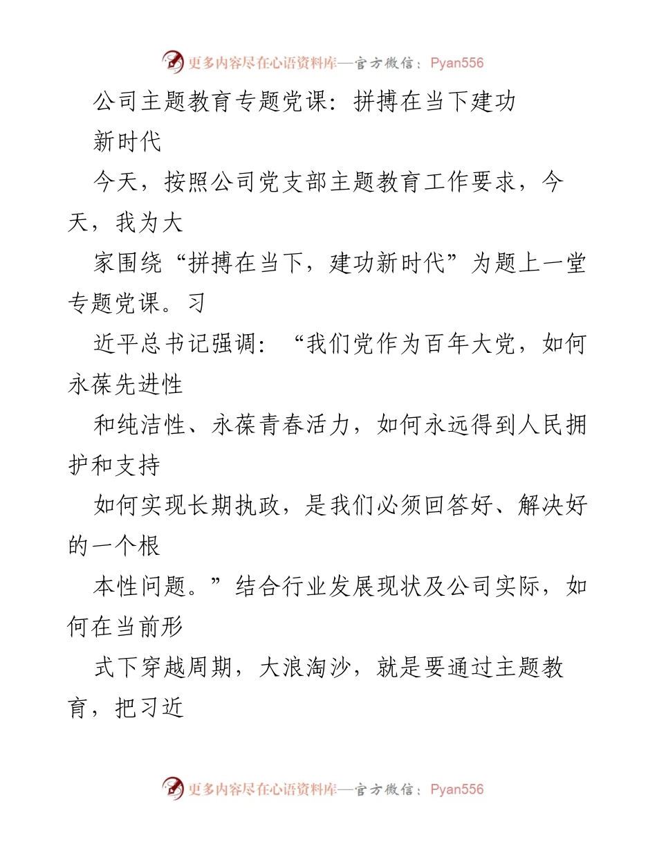 [发言] 公司主题教育专题党课 - 拼搏在当下，建功新时代_1.docx_第1页
