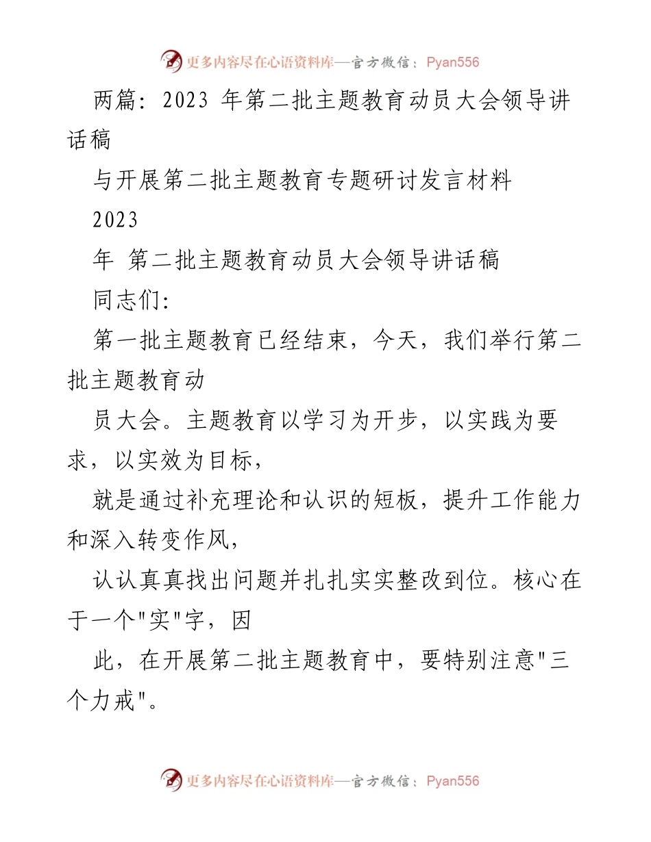 [发言] 动员大会 - 2023年第二批主题教育动员大会领导讲话稿_2.docx_第1页