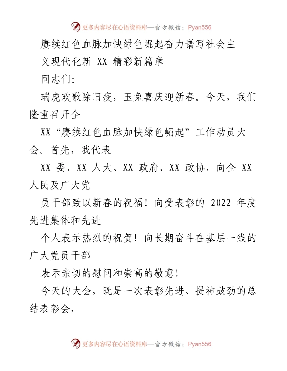 [发言] 动员大会 - 赓续红色血脉 加快绿色崛起 奋力谱写社会主义现代化新篇章.docx_第1页