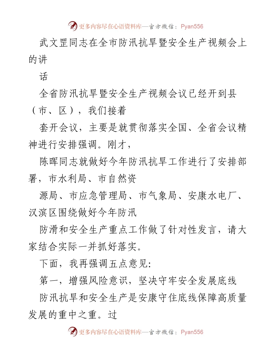 [发言] 全市防汛抗旱暨安全生产视频会 - 武文罡同志强调防汛抗旱与安全生产的重要性及责任落实.docx_第1页