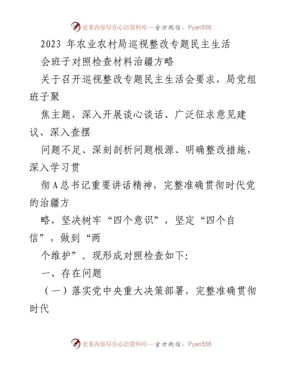 [发言] 农业农村局巡视整改专题民主生活会 - 2023年农业农村局巡视整改专题民主生活会对照检查材料分析.docx_第1页