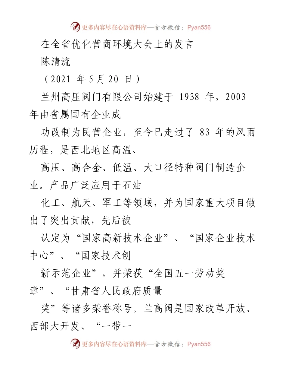 [发言] 全省优化营商环境大会 - 推动民营企业高质量发展的战略与实践.docx_第1页