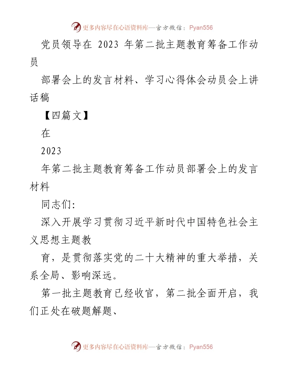 [发言] 动员部署会 - 2023年第二批主题教育筹备工作动员发言.docx_第1页
