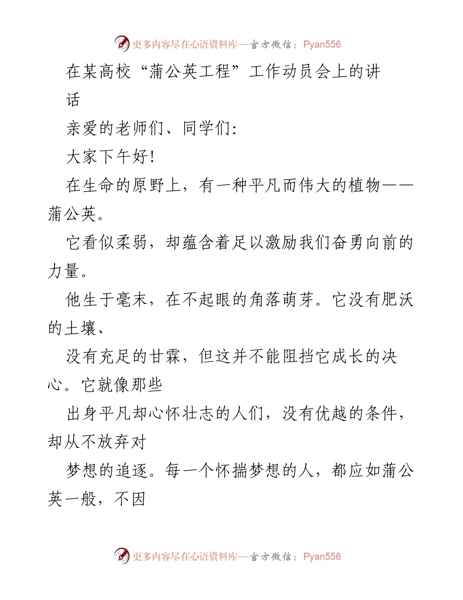 [发言] 动员会 - “蒲公英工程”：播撒梦想的种子.docx_第1页