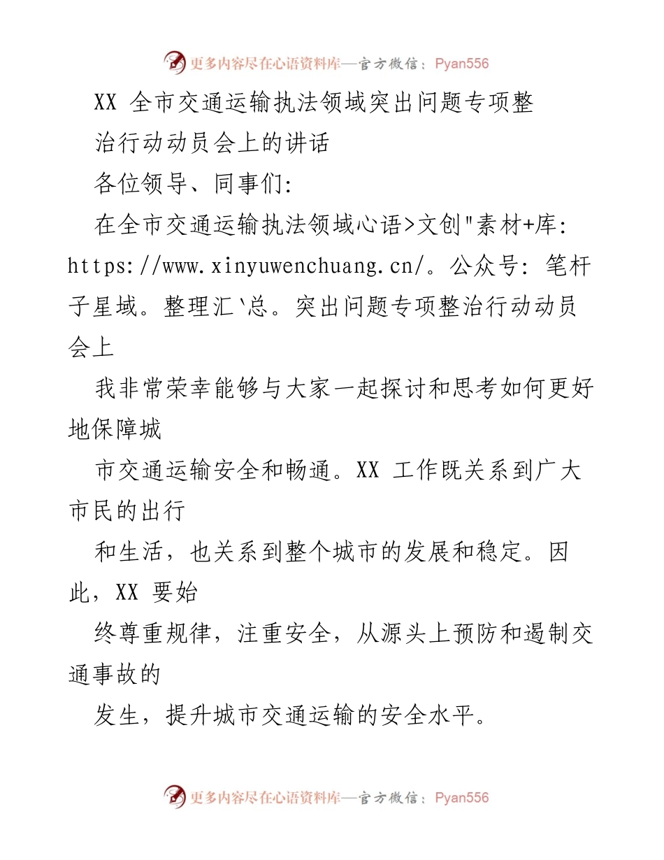 [发言] 动员会 - 加强交通运输执法，保障城市安全畅通.docx_第1页