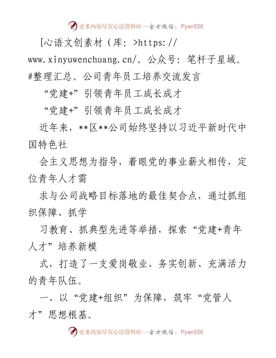 [发言] 公司青年员工培养交流会 - “党建+”助力青年成长成才.docx_第1页