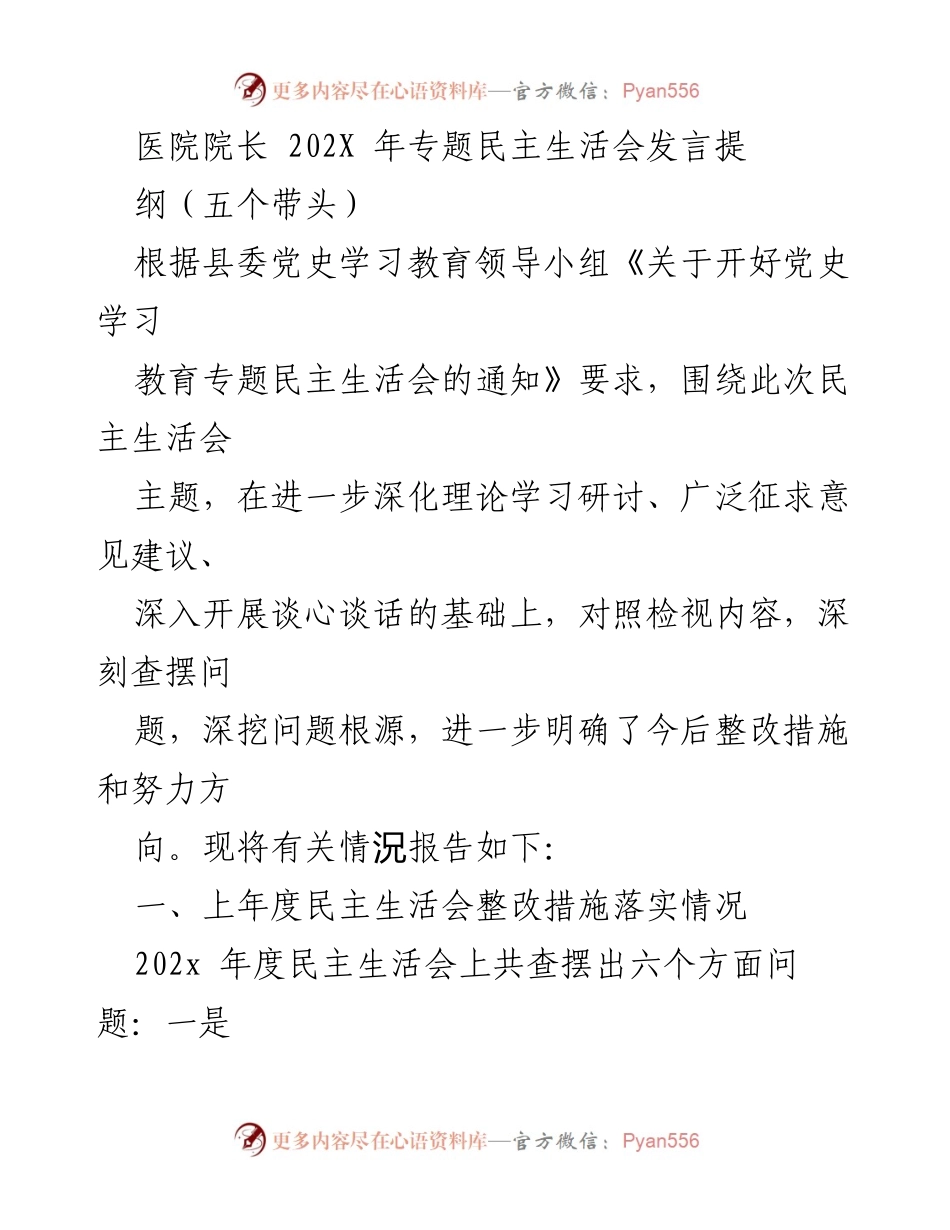 [发言] 医院院长专题民主生活会 - 深化理论学习，推动整改落实，服务健康事业.docx_第1页