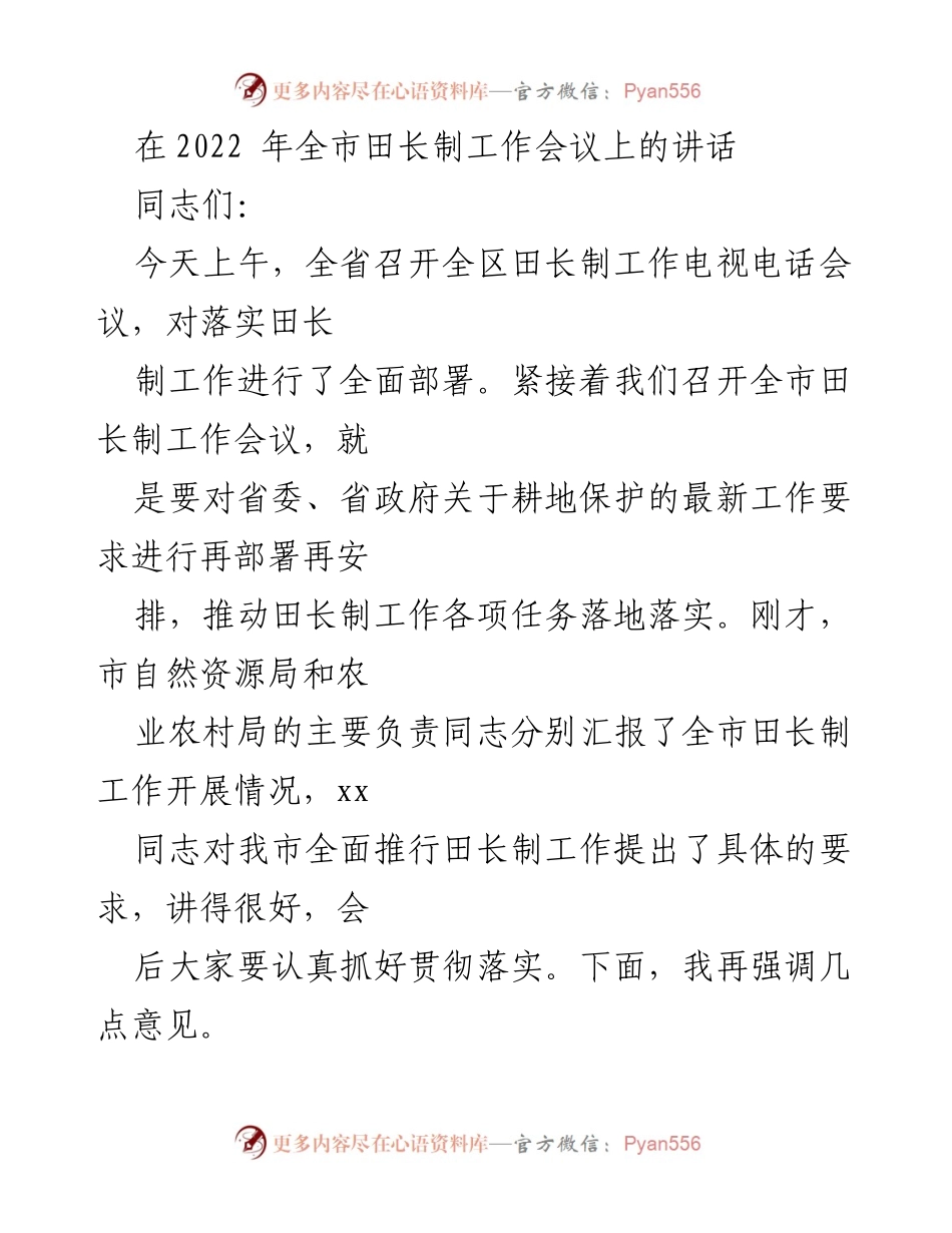 [发言] 全市田长制工作会议 - 深刻认识耕地保护田长制的重要性.docx_第1页