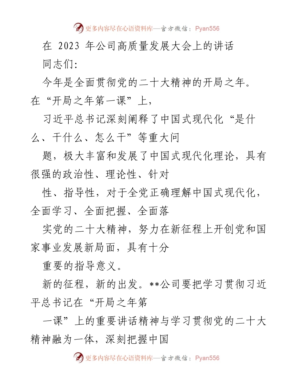 [发言] 公司高质量发展大会 - 深入贯彻习近平总书记重要讲话精神，推动中国式现代化电力发展.docx_第1页
