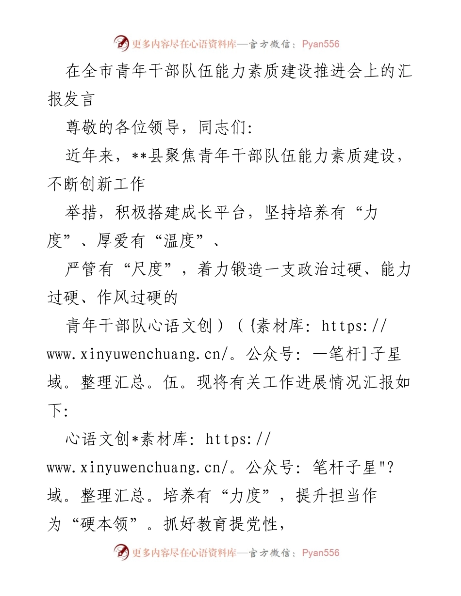 [发言] 全市青年干部队伍能力素质建设推进会 - 强化青年干部能力素质建设的创新举措与成效.docx_第1页