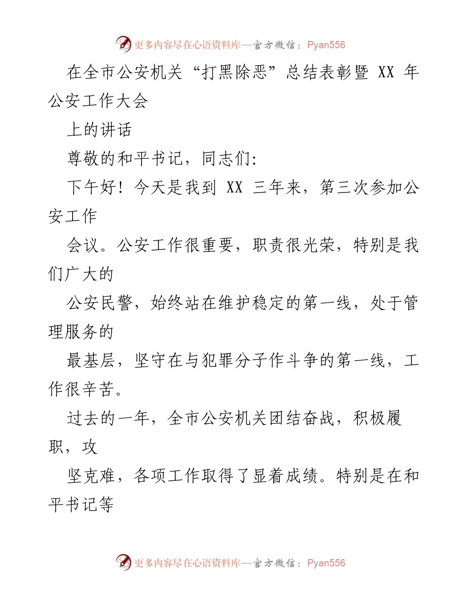[发言] 公安工作大会 - 加强打黑除恶，维护社会稳定的决心与行动.docx_第1页