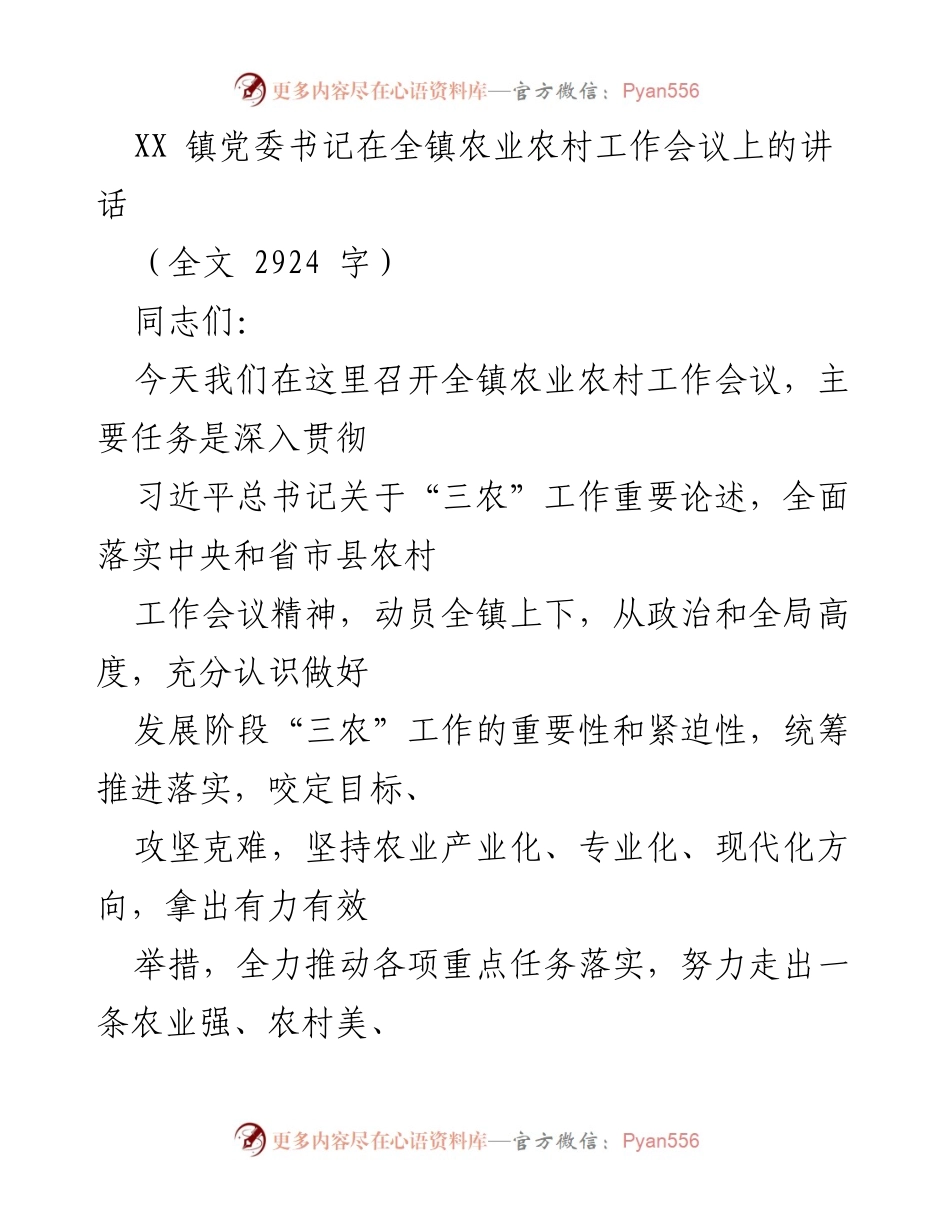 [发言] 农业农村工作会议 - XX镇党委书记讲话：推动乡村振兴的战略与措施.docx_第1页
