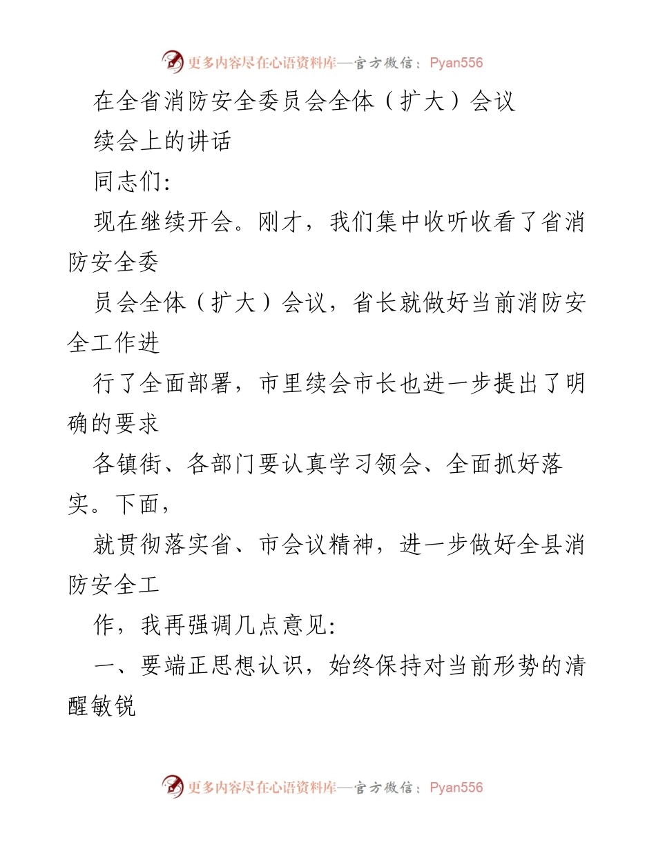 [发言] 全省消防安全委员会全体（扩大）会议续会 - 强调消防安全工作的重要性与落实措施.docx_第1页