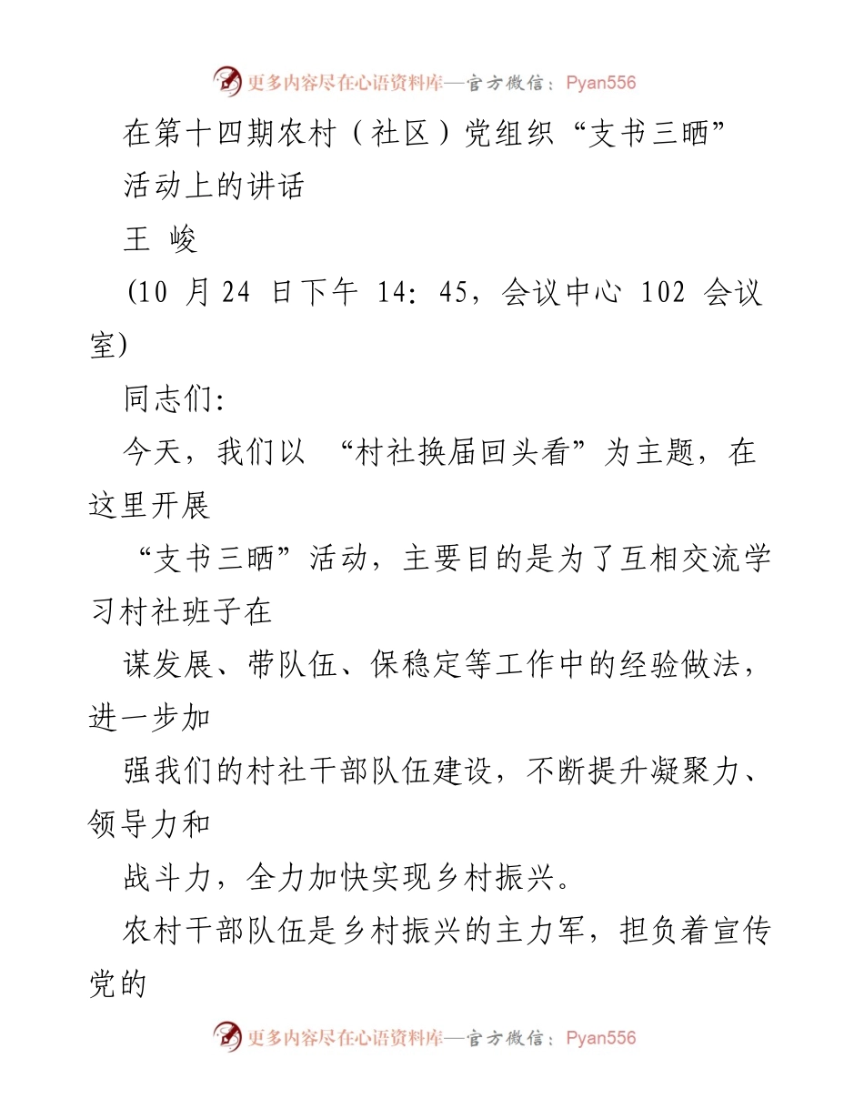 [发言] 农村（社区）党组织活动 - 加强村社干部队伍建设，推动乡村振兴.docx_第1页