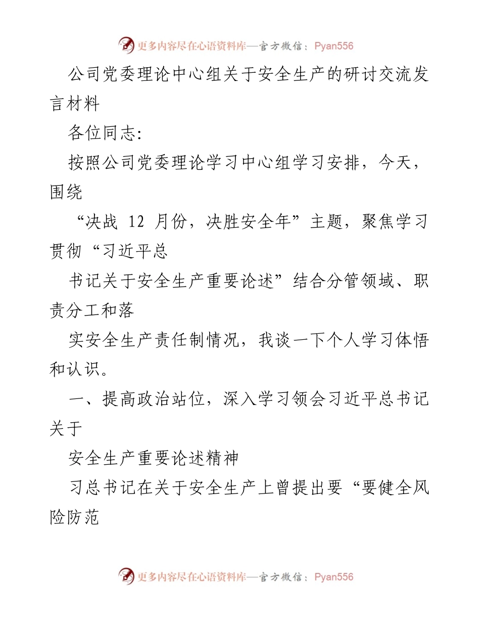 [发言] 公司党委理论中心组 - 提升安全生产意识，落实责任制.docx_第1页