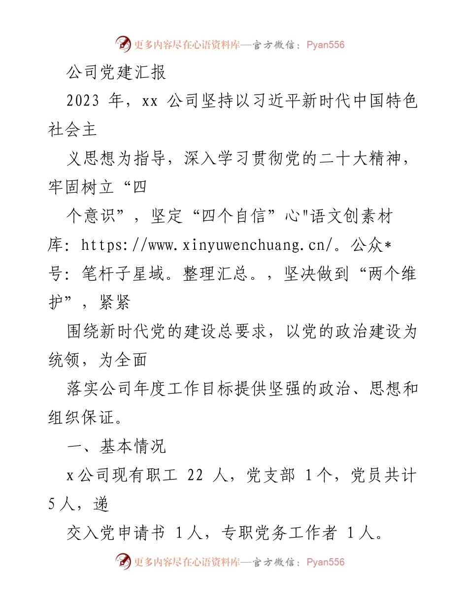 [发言] 公司党建汇报 - 2023年xx公司党建工作总结与展望.docx_第1页