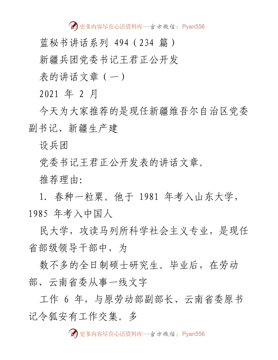 [发言] 公开发表 - 王君正书记的讲话：务实之风与边疆发展新篇.docx_第1页