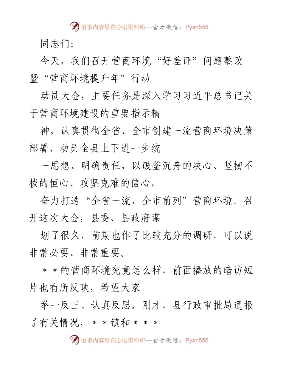 [发言] 动员大会 - 打造一流营商环境的决心与行动.docx_第1页