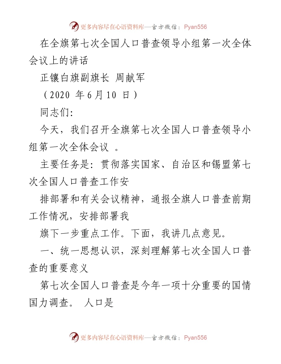 [发言] 全旗第七次全国人口普查领导小组第一次全体会议 - 深刻理解第七次全国人口普查的重要意义.docx_第1页