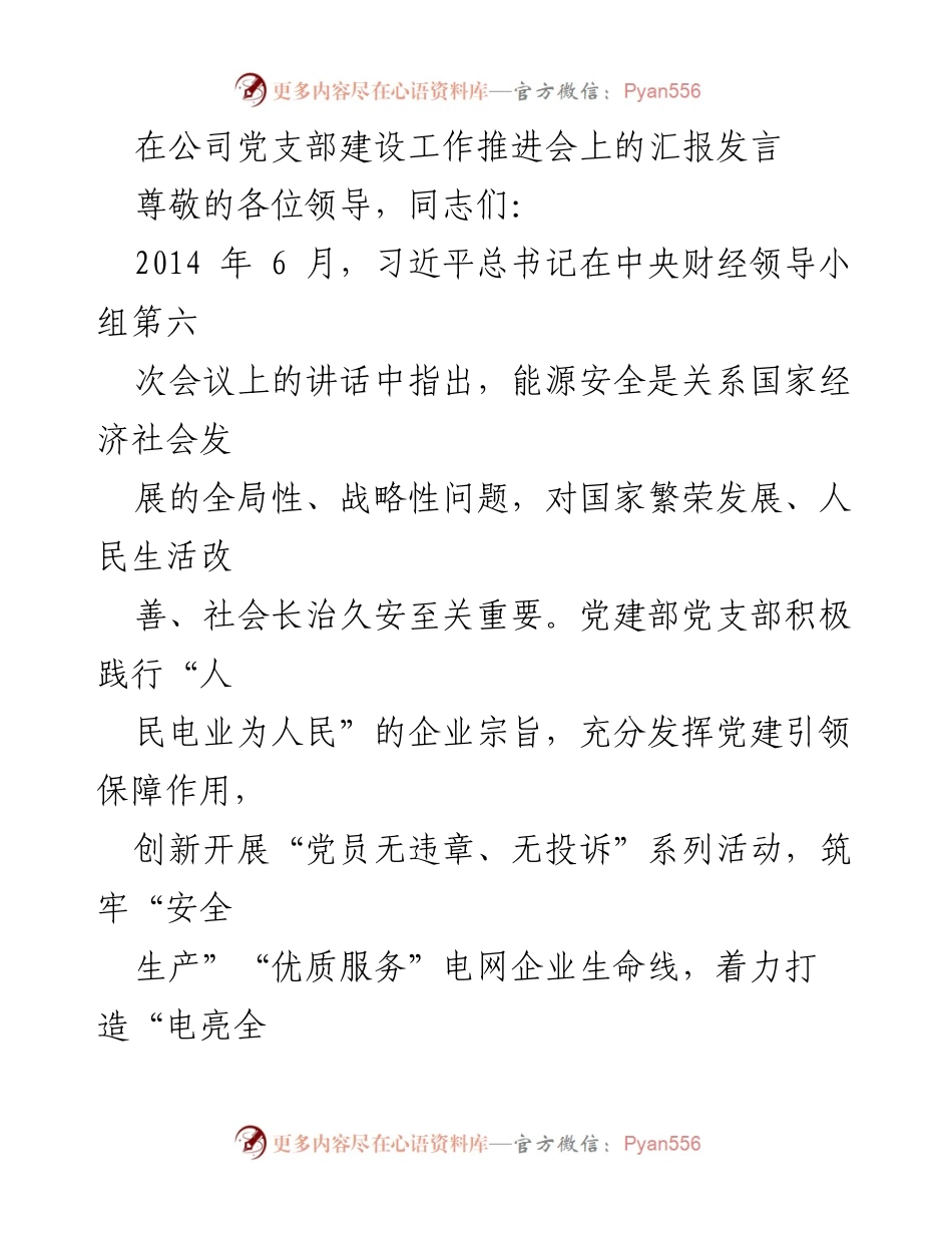 [发言] 公司党支部建设工作推进会 - 加强党建引领，保障电力安全与优质服务.docx_第1页
