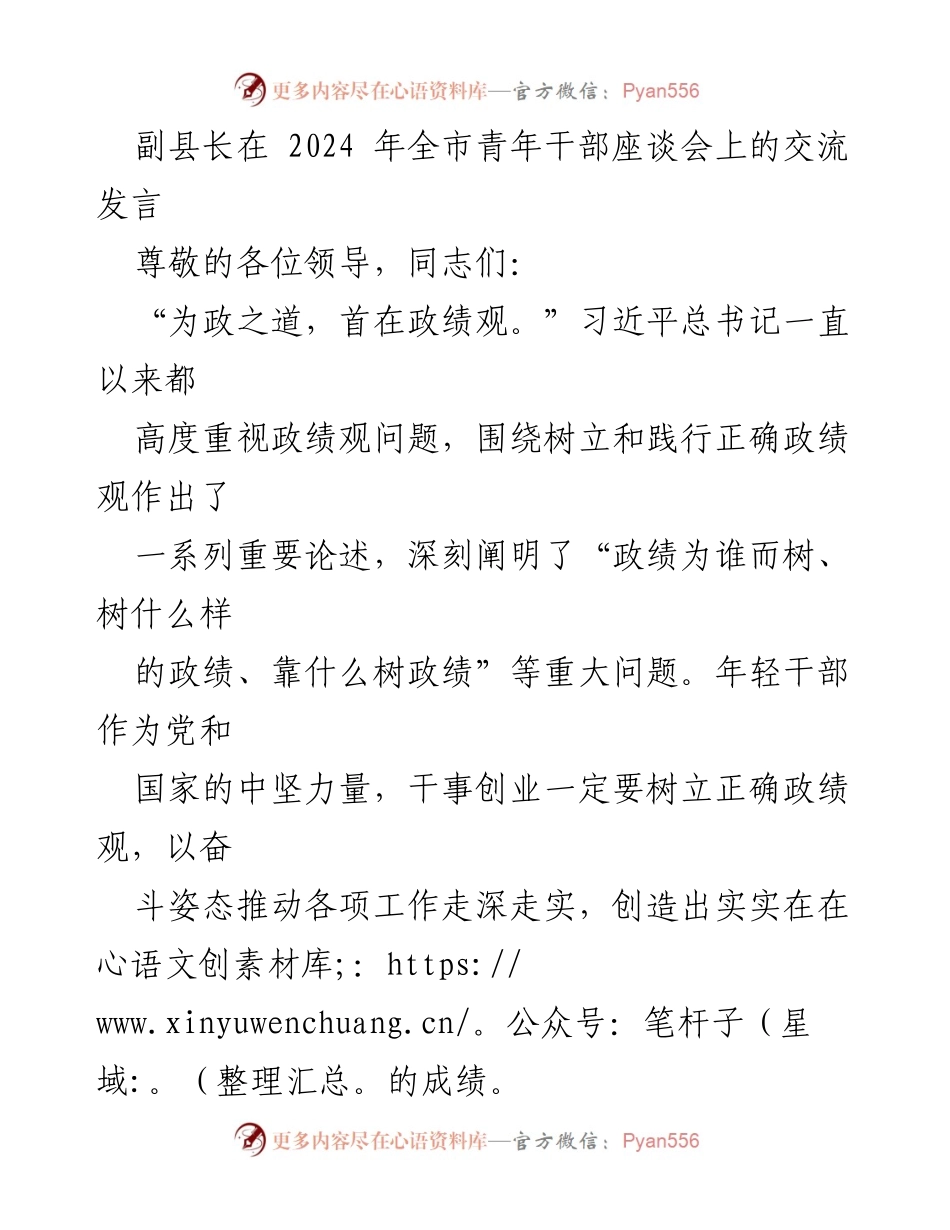[发言] 全市青年干部座谈会 - 树立正确政绩观，推动高质量发展.docx_第1页