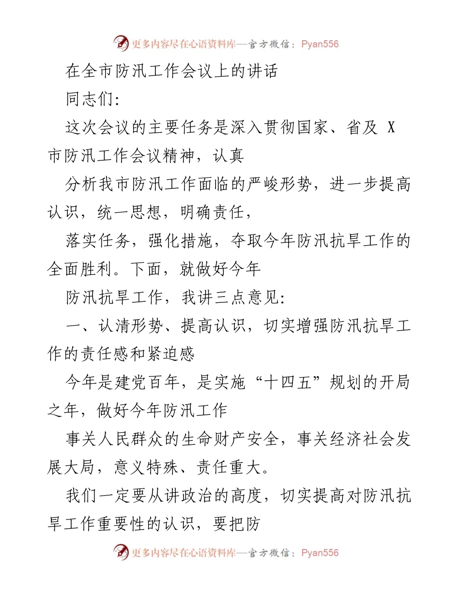 [发言] 全市防汛工作会议 - 加强防汛抗旱工作，确保人民安全.docx_第1页