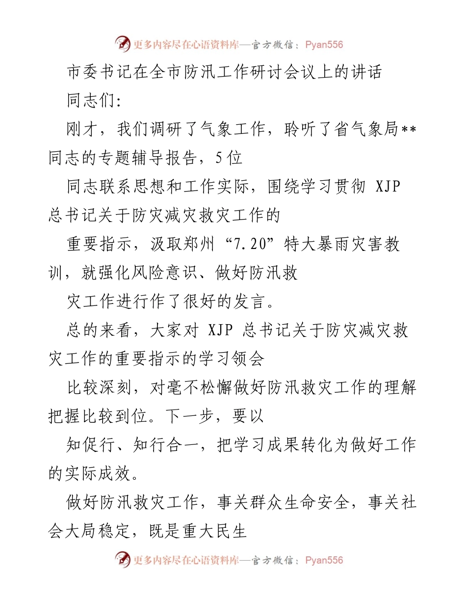 [发言] 全市防汛工作研讨会议 - 加强防汛救灾工作，确保群众安全.docx_第1页