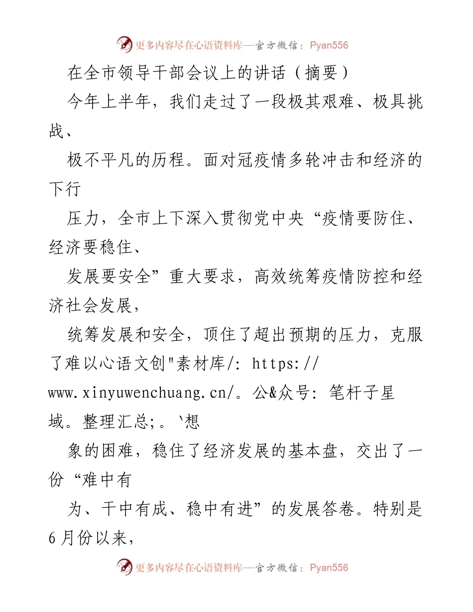 [发言] 全市领导干部会议 - 稳中求进：应对挑战，推动经济高质量发展.docx_第1页