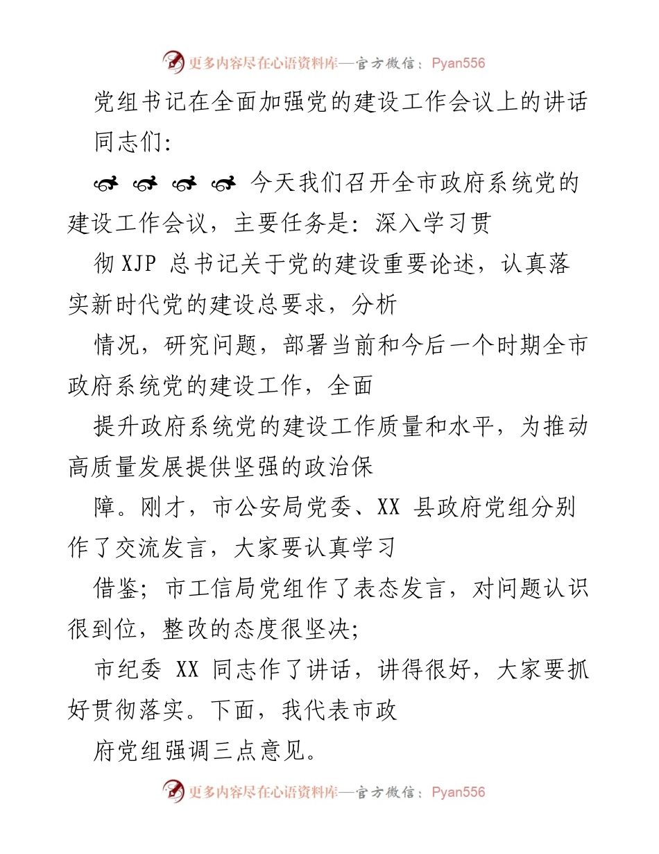 [发言] 全市政府系统党的建设工作会议 - 加强党的建设，推动高质量发展的政治保障.docx_第1页