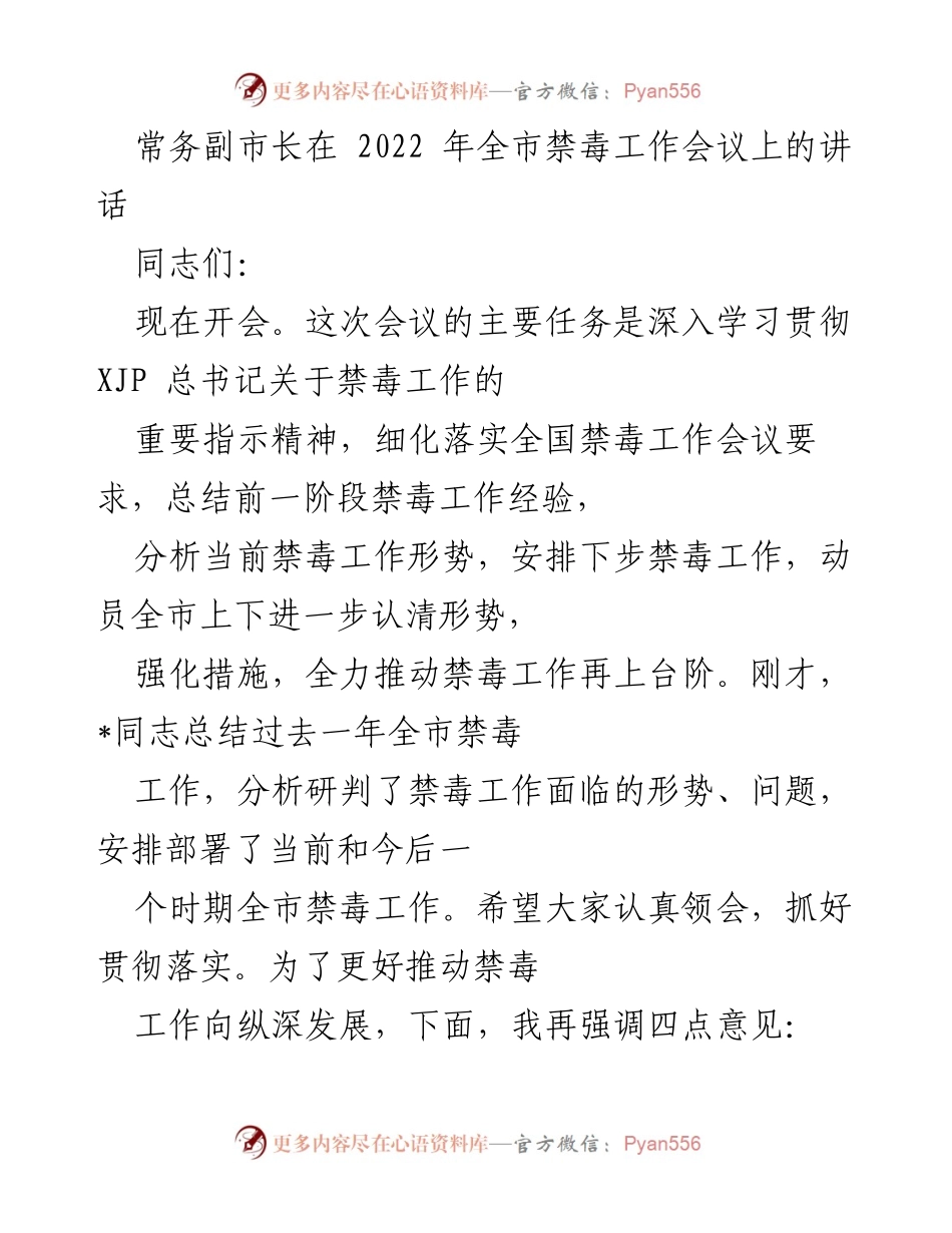 [发言] 全市禁毒工作会议 - 常务副市长强调禁毒工作综合治理与打击整治的重要性.docx_第1页