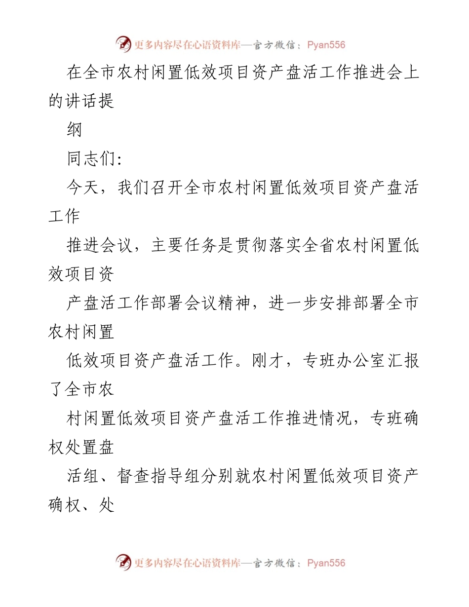 [发言] 农村闲置低效项目资产盘活工作推进会 - 推动农村闲置低效项目资产盘活的关键举措与落实要求.docx_第1页