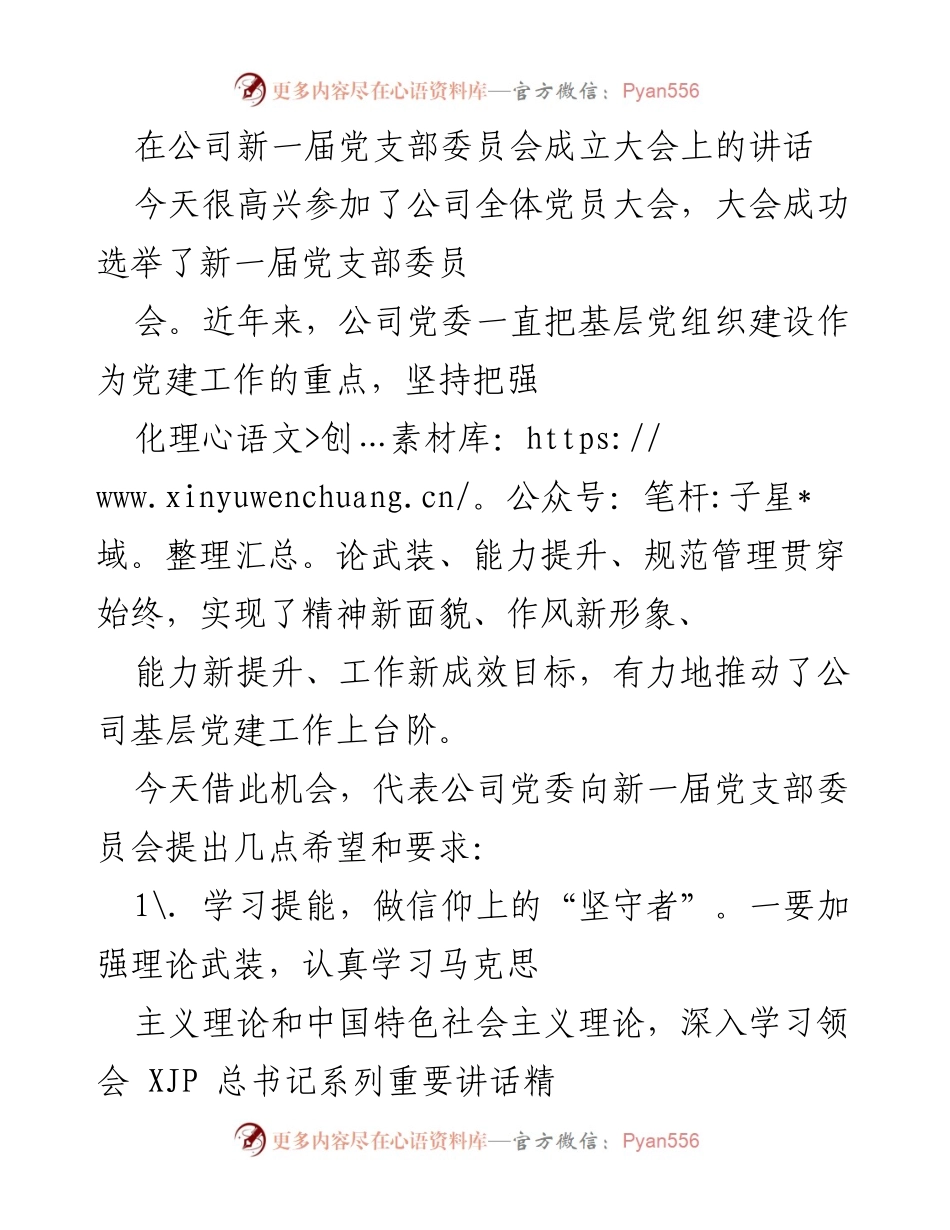 [发言] 公司新一届党支部委员会成立大会 - 加强基层党建，推动公司发展新征程.docx_第1页