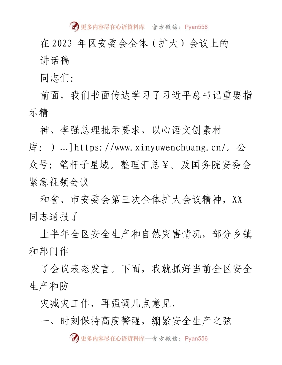 [发言] 区安委会全体（扩大）会议 - 强化安全生产与防灾减灾意识.docx_第1页